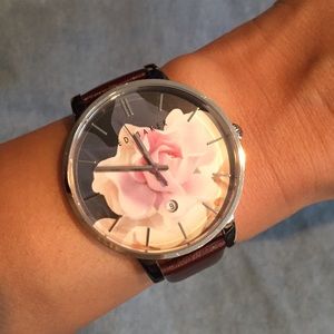Ted Baker London Floral Face Watch Burgundy Strap